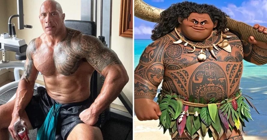 'Dwayne Johnson' ao lado de 'Maui' de ''Moana - Um Mar de Aventuras''